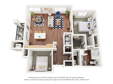Floor plan for 2 beds, 1.5 baths, 1042 sqft